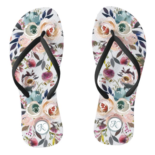 Chanclas Boho acuarela Crema Verde Rosa Monograma Floral (Plantilla)