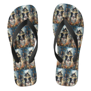 Chanclas Border Collie de Halloween con calabazas espeluzna