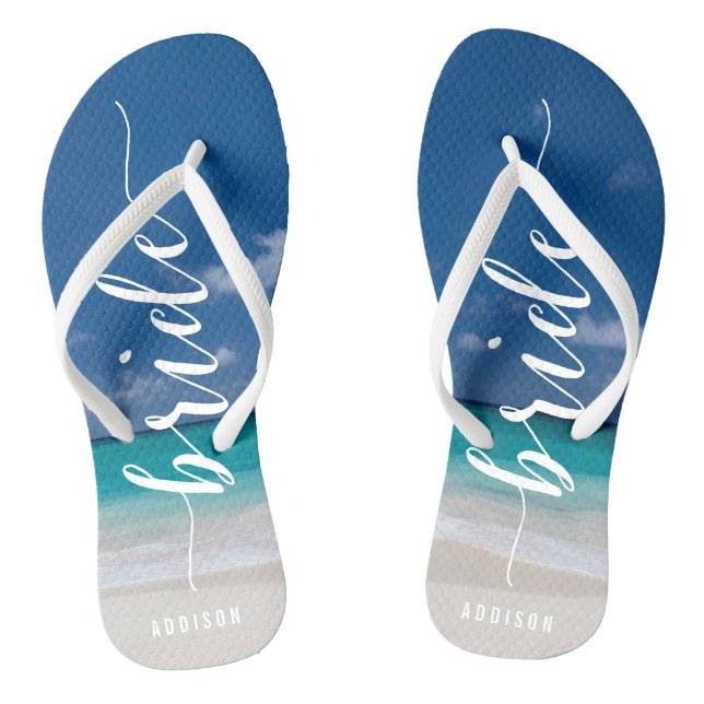 Chanclas Bride Calligraphy Beach Wedding Fiesta Flip Flops (Plantilla)