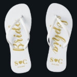 Chanclas Bride Flip Flops para Boda, Bachelorette | Oro<br><div class="desc">Flip flops para la novia en blanco y oro. Puede ser personalizar para toda su fiesta de bodas e invitados para su fin de semana de boda,  ducha o soltera.</div>