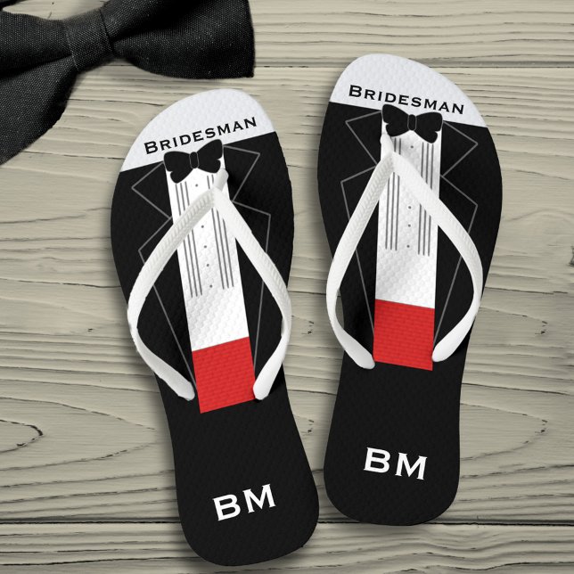 Chanclas Bridista del Partido de la Boda Tuxedo Flip Flops (Tuxedo flip flops for your Bridesman. Just add his initials!)