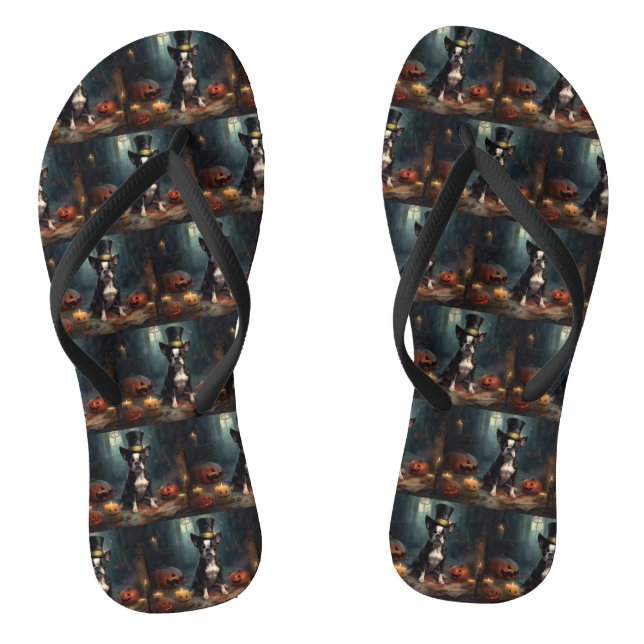 Chanclas Calabazas de Boston Terrier Halloween de Terror (Plantilla)