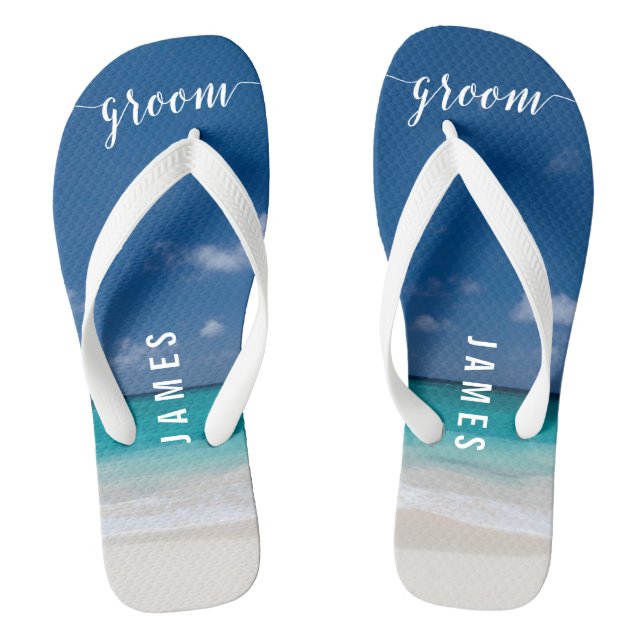 Chanclas Calligraphy Beach Groom Wedding Party Flip Flops (Plantilla)