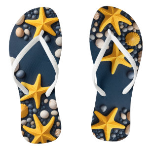 Chanclas Caminatas, pez estrella y piedras en una playa de 