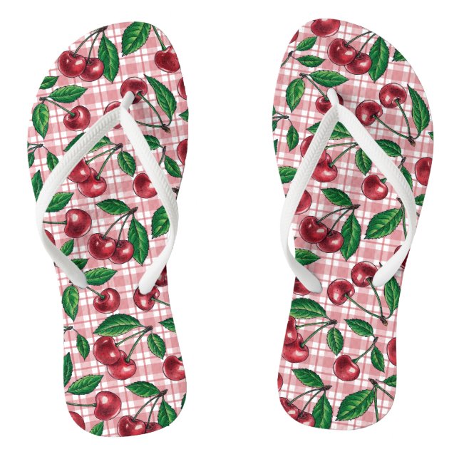 Chanclas Cerezas rojas en gingham rosa (Plantilla)