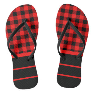 Chanclas Cheques de búfalo negros rojos y bandas horizontal