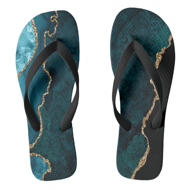 Chanclas Chic Teal Gold Glitter Agate Custom Monogram (Plantilla)