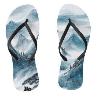 Chanclas Chinoiserie de pintura de montaña artística azul-g