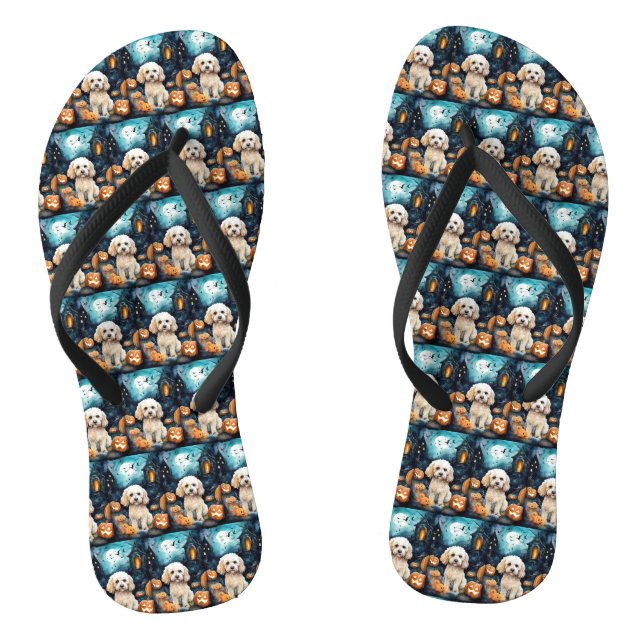 Chanclas Cockapoo de Halloween con calabazas aterradoras (Plantilla)