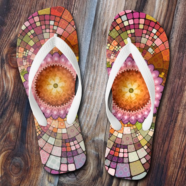 Chanclas Colorida Mandala Creative Mosaic (Colorful artistic boho flip flops in a mandala mosaic style.)