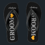Chanclas Corazón negro/Naranja de Groom<br><div class="desc">Divertido,  flops de volteo de boda personalizados</div>