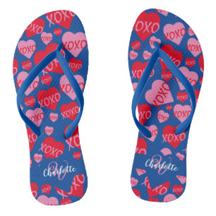 Chanclas Corazones de patrón XOXO Amor Rojo Azul Monograma