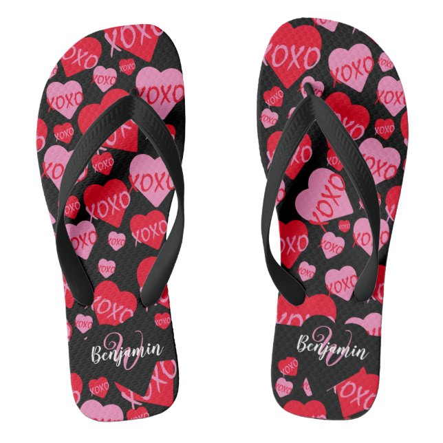 Chanclas Corazones de patrón XOXO Amor Rojo Rosa Negro Mono (Plantilla)
