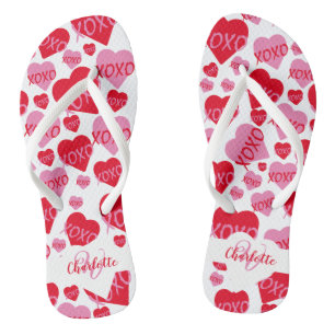 Chanclas Corazones de patrón XOXO Amor Rojo Rosado Monogram
