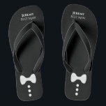 Chanclas Cute Bow Tie y Botones Negro Mejor Boda Hombre<br><div class="desc">Estos lindos chanclos son una gran manera de agradecer al mejor hombre en su boda. Presentan un diseño simple,  lindo y divertido con una corbata blanca y botones en un fondo negro con su nombre y título.</div>