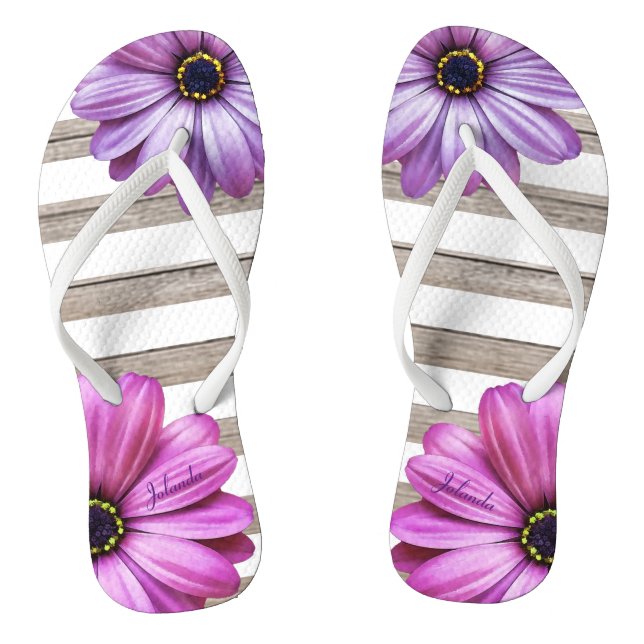 Chanclas Cute Daisies Madera franjas blancas Añadir nombre (Plantilla)