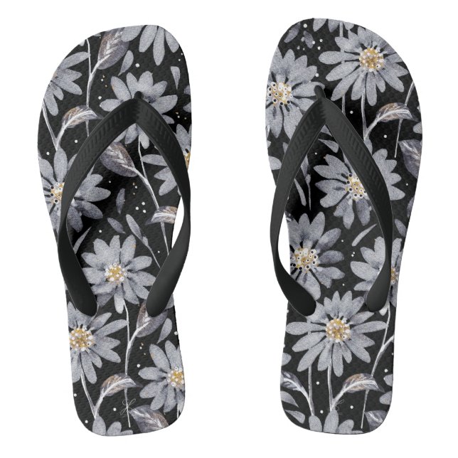 Chanclas Daisies plateados sobre florales negras (Plantilla)