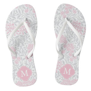 Chanclas Damasco floral rosa y gris monogramado