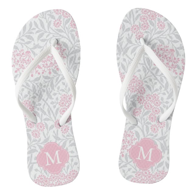 Chanclas Damasco floral rosa y gris monogramado (Plantilla)