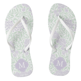 Chanclas Damasco floral verde y de lavanda monogramado