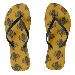 Chanclas Damasco negro con patrón amarillo mostaza