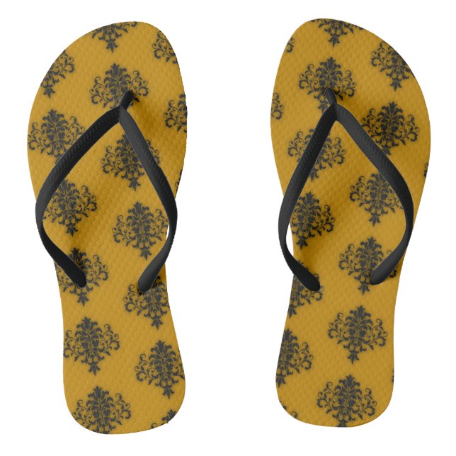 Chanclas Damasco negro con patrón amarillo mostaza (Plantilla)
