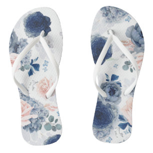 Chanclas Elegante botánico azul turbio y floral rosa Rubor
