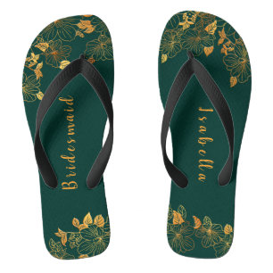 Chanclas Elegante dama de honor Emerald Green & Gold Foliag