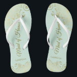Chanclas Elegante doncella de encaje de oro de Boda verde d<br><div class="desc">Estas hermosas chancletas de boda son una gran manera de agradecer y reconocer a su empleada de honor mientras salva sus pies al mismo tiempo. Presenta un diseño elegante con adornos de encaje dorado sobre un fondo verde neormenta pálido y elegantes letras de guiones de color dorado. En el test...</div>