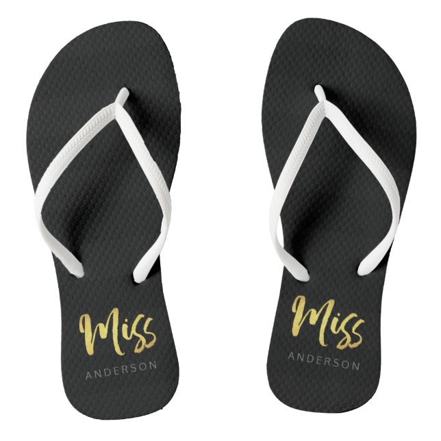 Chanclas Elegante Faux Gold Name Miss Black Stripes (Plantilla)