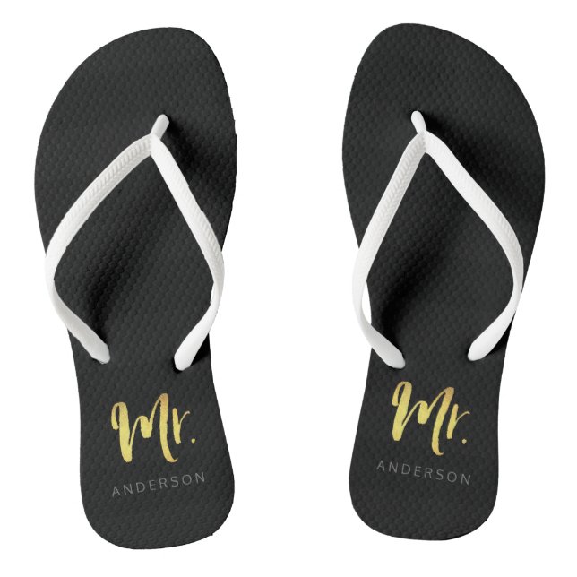 Chanclas Elegante Faux Gold Name Mr Black Stripes (Plantilla)