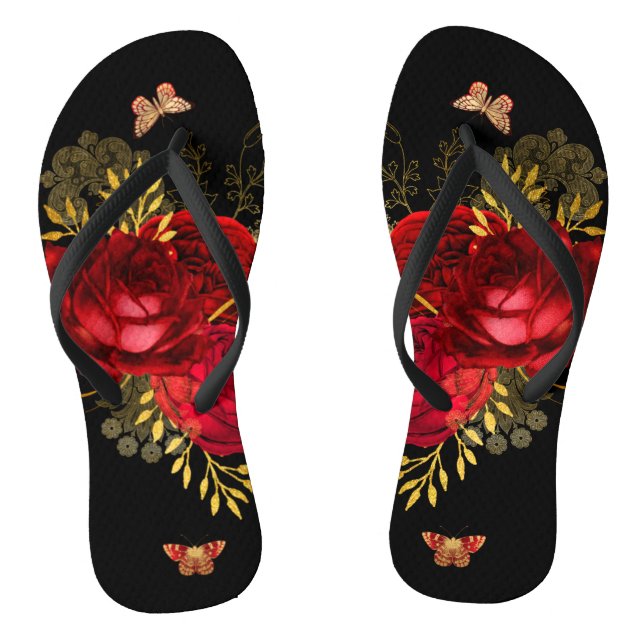 Chanclas Elegante oro de mariposa de rosas rojas (Plantilla)