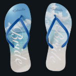 Chanclas Escena De La Playa De La Boda De Destino Flip Flop<br><div class="desc">Ideal para una boda de destino o la luna de miel. Hay una playa tranquila con el océano y los cielos azules. En el centro está la palabra "novia" en un guión en blanco. Personaliza con tu nombre. Echa un vistazo a los muchos otros diseños de novias que tenemos en...</div>