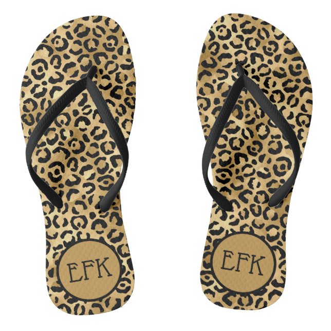 Chanclas Estampado de leopardo negro y dorado Monograma de  (Plantilla)