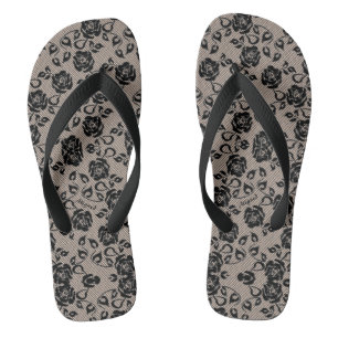 Chanclas Faux Black Lace Fishnet Flip Flops con flores