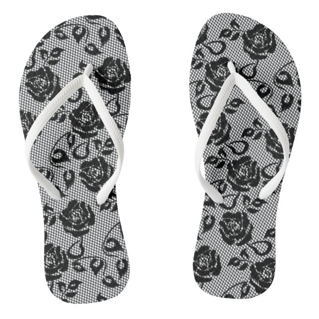 Chanclas Faux Black Lace Rosas Fishnet Flip Flops (Plantilla)