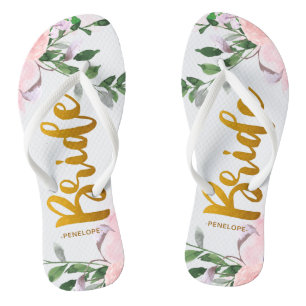 Chanclas Faux Gold Bride Script Moda Floral con nombre