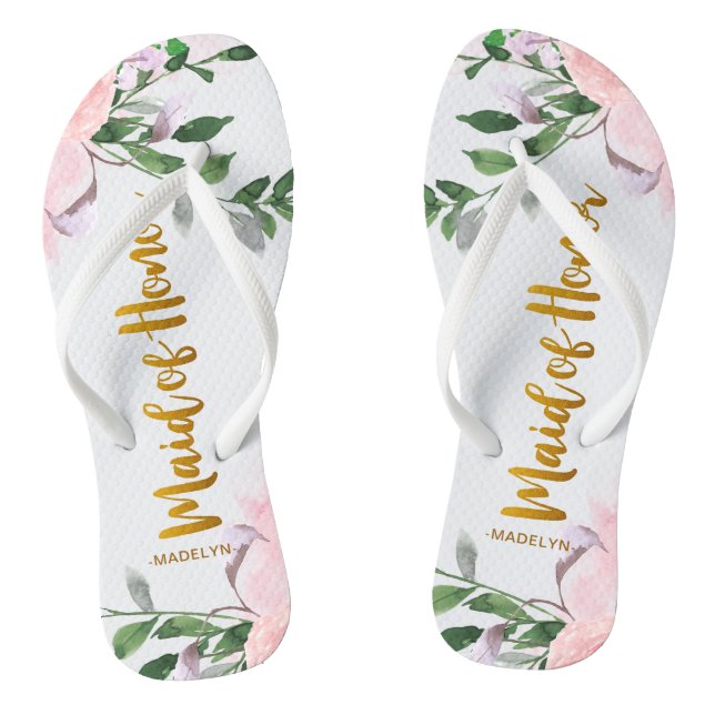 Chanclas Faux Gold Maid de honor con floral y nombre (Plantilla)
