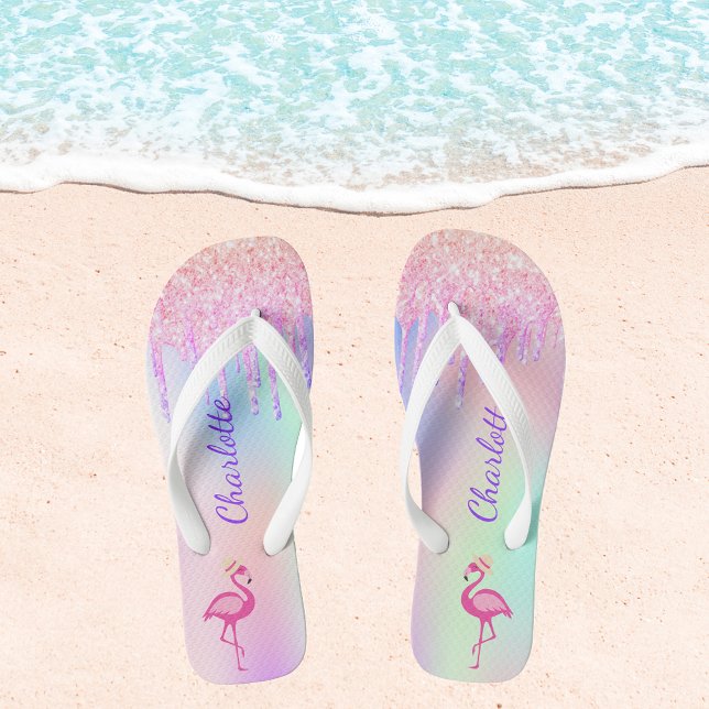 Chanclas Flamingo purpurina nombre tropical holográfico ros (Subido por el creador)
