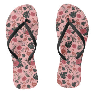 Chanclas Flamingo rosa sin costura flores patrón y hojas