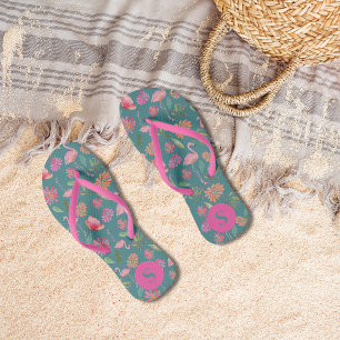 Chanclas Flamingos Rosados Patrón Floral Tropical Monograma