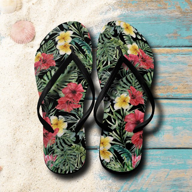 Chanclas Flechas de giro de patrón floral tropical negro (Subido por el creador)