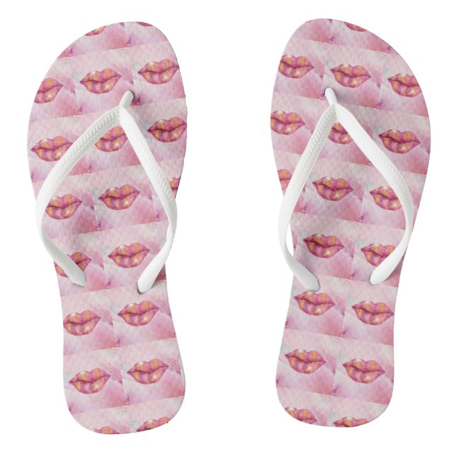 Chanclas Flip Flop con diseño de labios rosados y dorados (Plantilla)