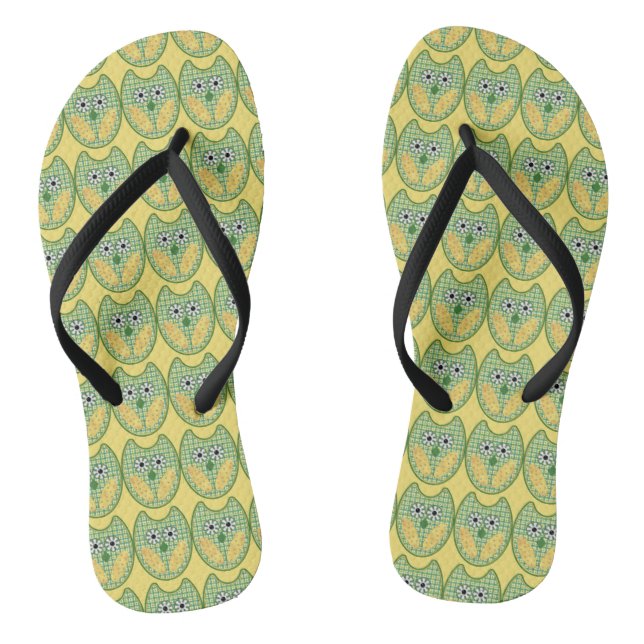 Chanclas Flip Flops De Búho Verde Y Amarillo (Plantilla)