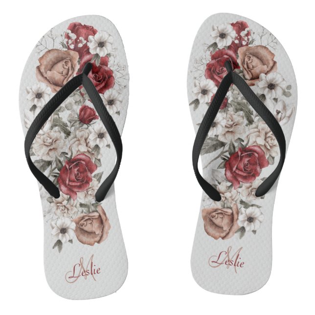 Chanclas Flip Flops de Rubor y rosas blancas de Borgoña (Plantilla)