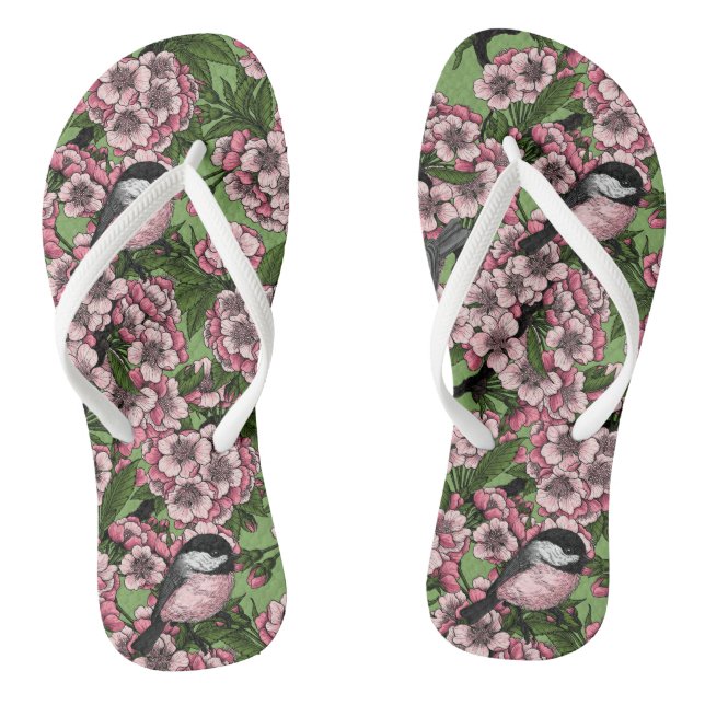 Chanclas Flor de cerezo y pollos en verde (Plantilla)