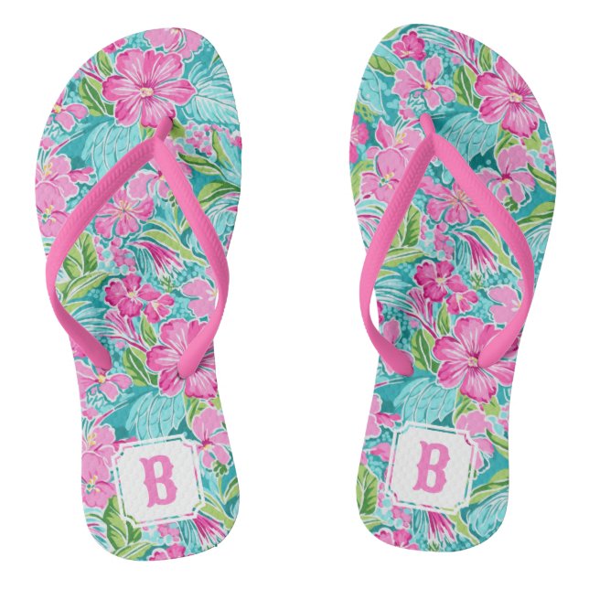 Chanclas Flor de Hibiscus Tropical Preppy | Monograma (Plantilla)