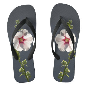 Chanclas Flor rosa Mallow hojas verdes sobre gris oscuro