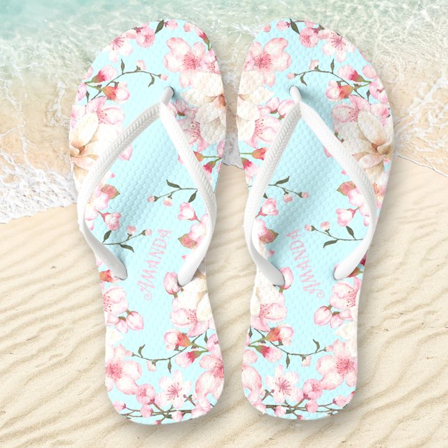 Chanclas Floral Cerezo Blossom Nombre Flip Azul Rosa (Floral Cherry Blossom Name Pink Blue Flip Flops)