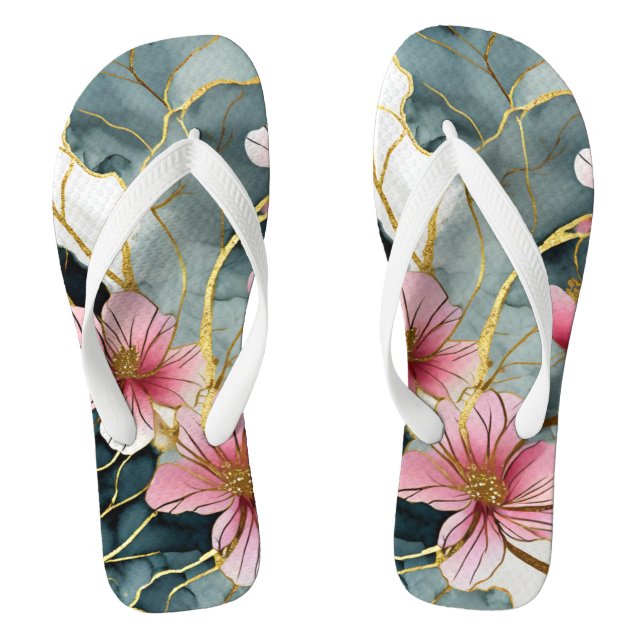 Chanclas Floral japonesa, rosa con oro (Plantilla)